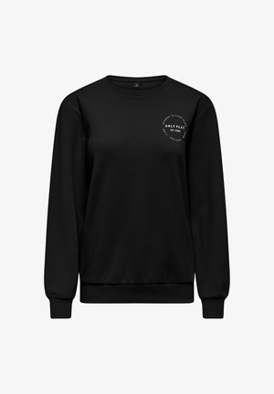Sort langærmet crewneck-sweatshirt med ribbet manchetter og kant, med hvid cirkulær tekst på venstre bryst med teksten "Only Play Est. 2006".