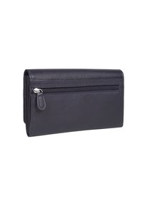 Portafoglio in pelle di un blu navy scuro con un compartimento con zip, design elegante, forma rettangolare e texture liscia.