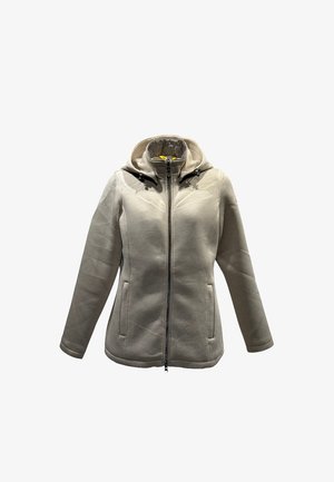 Beige Zip-Jacke mit Kapuze, strukturierter Stoff, seitliche Taschen und verstellbare Kordeln an der Kapuze. Das Innenfutter hat eine kontrastierende gelbe Farbe.