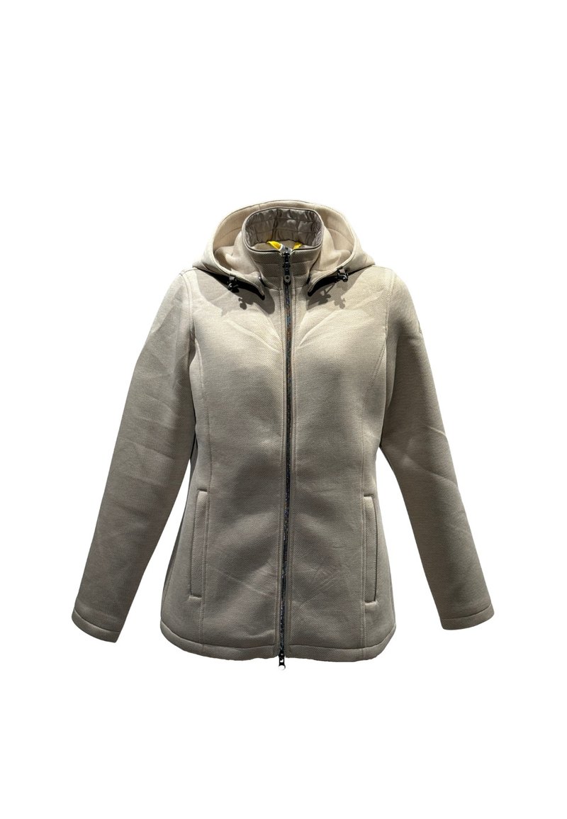 Beige Zip-Jacke mit Kapuze, strukturierter Stoff, seitliche Taschen und verstellbare Kordeln an der Kapuze. Das Innenfutter hat eine kontrastierende gelbe Farbe.