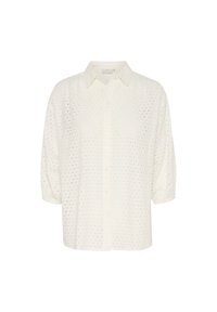 Chemise blanche à boutonnière en mélange de coton, avec des trous brodés en œillets, coupe décontractée et manches courtes bouffantes.