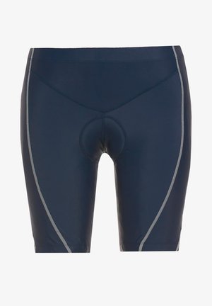 Granatowe szorty rowerowe wykonane z elastycznej tkaniny z szarym przeszyciem, z wyściełanym obszarem siedziska oraz eleganckim, dopasowanym fasonem.