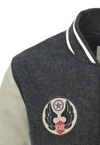 Szary wełniany bomber z kremowymi skórzanymi rękawami, prążkowanym kołnierzem i haftowaną okrągłą naszywką z motywem skrzydeł i gwiazdy.