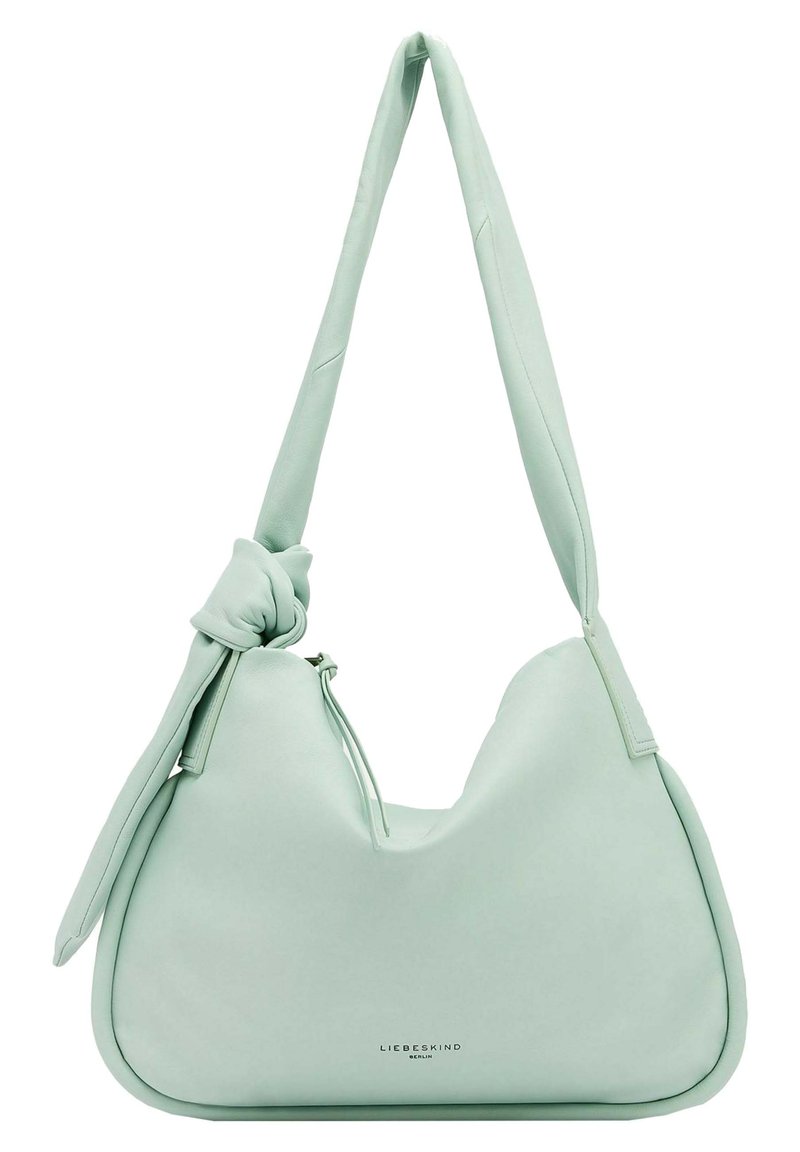 Sac à épaule en cuir vert menthe avec une sangle nouée, de forme arrondie et au design minimaliste. Présente un logo de la marque discret à la base.