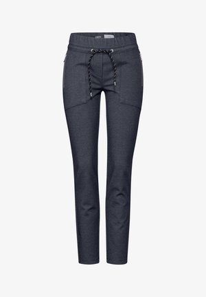 Pantalons de jogging gris foncé en tissu texturé. Dotés d'une taille élastique avec cordon de serrage et de deux poches latérales zippées.