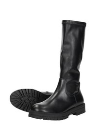 Zwarte leren kniehoge laarzen met een ronde neus, een gestructureerde bovenkant, een platte zool en een profiel voor grip. Glad afgewerkt met minimale accenten.