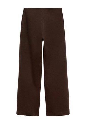 Pantalons larges marron en tissu lisse et doux, sans coutures ni fermetures visibles, avec une taille élastique pour plus de confort.