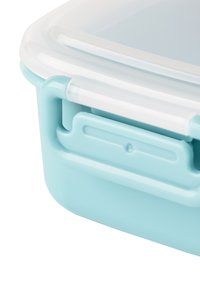 A light blue plastic food storage container with a transparent lid, featuring a secure clip closure and smooth, rounded edges.