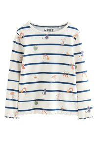 Weißes Langarmshirt mit blauen horizontalen Streifen. Es verfügt über mehrfarbige Tier- und Naturillustrationen, eine strukturierte Rippstruktur und einen wellenförmigen Saum.