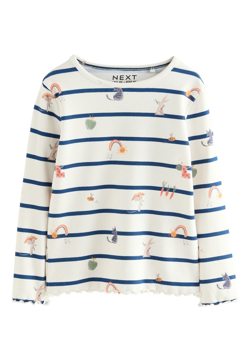 Weißes Langarmshirt mit blauen horizontalen Streifen. Es verfügt über mehrfarbige Tier- und Naturillustrationen, eine strukturierte Rippstruktur und einen wellenförmigen Saum.