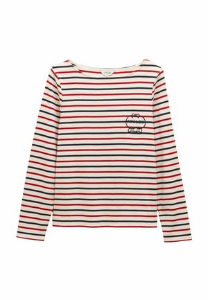 Long-sleeve, cream striped shirt featuring red and navy blue stripes. Round neckline with a small embroidered logo on the chest. Soft fabric texture.
