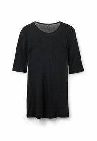 Zwart geribbeld t-shirt met een ronde halslijn en korte mouwen, gemaakt van zachte stof. Heeft een rechte zoom en een subtiele textuur.