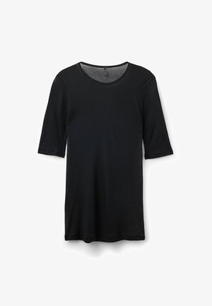 Zwart geribbeld t-shirt met een ronde halslijn en korte mouwen, gemaakt van zachte stof. Heeft een rechte zoom en een subtiele textuur.