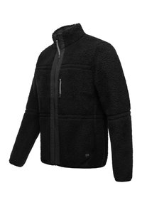 Black fleece jacket with a high collar, zippered front, ribbed cuffs, and a textured surface. Features two front zippered pockets.
