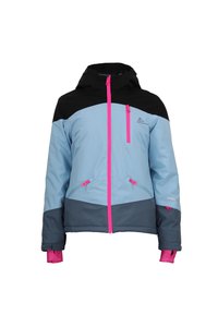 Veste de ski avec un corps bleu clair, des épaules noires et des bas gris. Les éléments distinctifs incluent des fermetures éclair et des accents roses, ainsi qu'une capuche.
