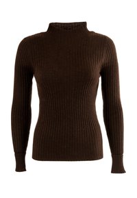 Maglione marrone a coste con colletto alto e maniche lunghe. Il tessuto ha una consistenza morbida con linee verticali e polsini aderenti.