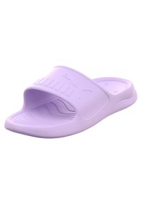 Purple rubber slide sandal with a wide strap featuring embossed logo, textured footbed, and rounded sole for comfort.