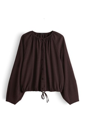 Dunkelbraune, strukturierte Langarmbluse mit rundem Ausschnitt, Knopfleiste vorne und verstellbarem Kordelzug am Saum.