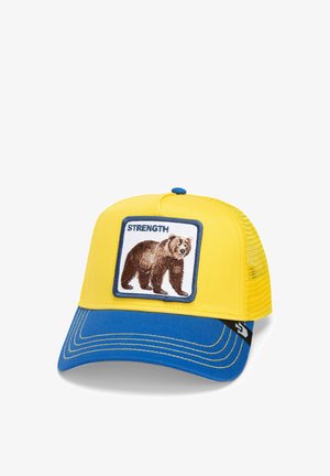 Cappello giallo con visiera blu, presenta un grafico di un orso ricamato circondato da una cornice bianca e la parola "FORZA." Retro in rete per ventilazione.