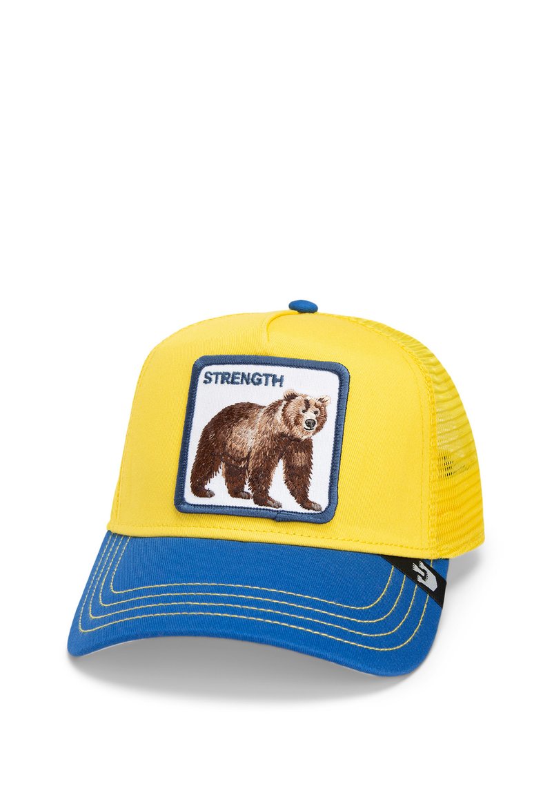 Gorra amarilla con visera azul, que presenta un gráfico de oso bordado rodeado por un marco blanco y la palabra "FUERZA". Parte trasera de malla para mayor ventilación.