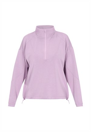 Jasnofioletowy sweter z półsuwnym kołnierzem, opadającymi ramionami oraz regulowanymi bokami. Miękki, elastyczny materiał o gładkiej teksturze.