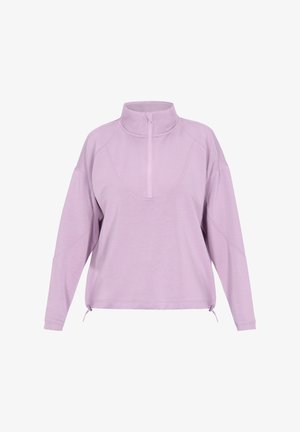 Pulover vioi deschis cu guler cu jumătate de fermoar, umeri lăsați și margini laterale ajustabile. Material moale, elastic, cu o textură netedă.