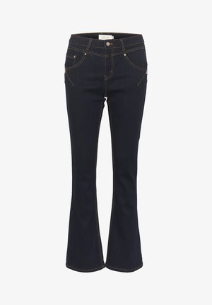 Temno modri razširjeni kavbojke iz denima. Imajo zlat šiv, pet žepov in gumbasto zapiranje v pasu. Gladka tekstura.