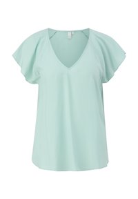 Blouse bleu clair à manches courtes avec un col en V et des manches larges et fluides, présentée sur fond blanc.
