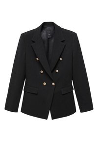 Blazer noir croisé avec six boutons décoratifs dorés, revers crantés, manches longues et deux poches devant à rabat.