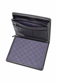 Black leather zippered portfolio case open to show card slots, zippered pocket, and padded laptop compartment with patterned lining.