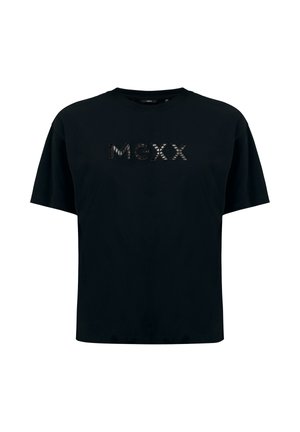 Czarna koszulka o luźnym kroju, z logo "MEXX" z teksturowanego czarnego materiału na piersi. Krótkie rękawy i okrągły dekolt.