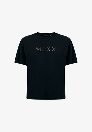 Czarna koszulka o luźnym kroju, z logo "MEXX" z teksturowanego czarnego materiału na piersi. Krótkie rękawy i okrągły dekolt.