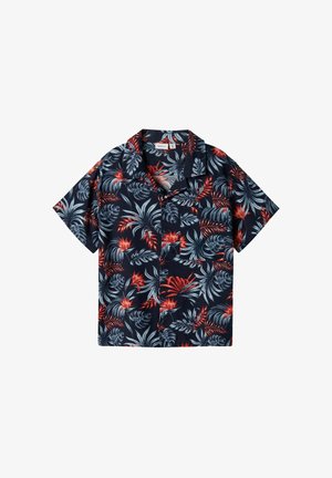 Chemise à manches courtes, de couleur bleu marine avec un imprimé floral tropical vibrant en rouge et bleu clair. Dotée d'un col et d'une fermeture par boutons à l'avant.