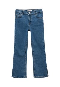 Siniset denim-farkut, joissa on suora lahje, napilla ja vetoketjulla suljettavat, viisi taskua ja hienovaraisetompelut yksityiskohdat.