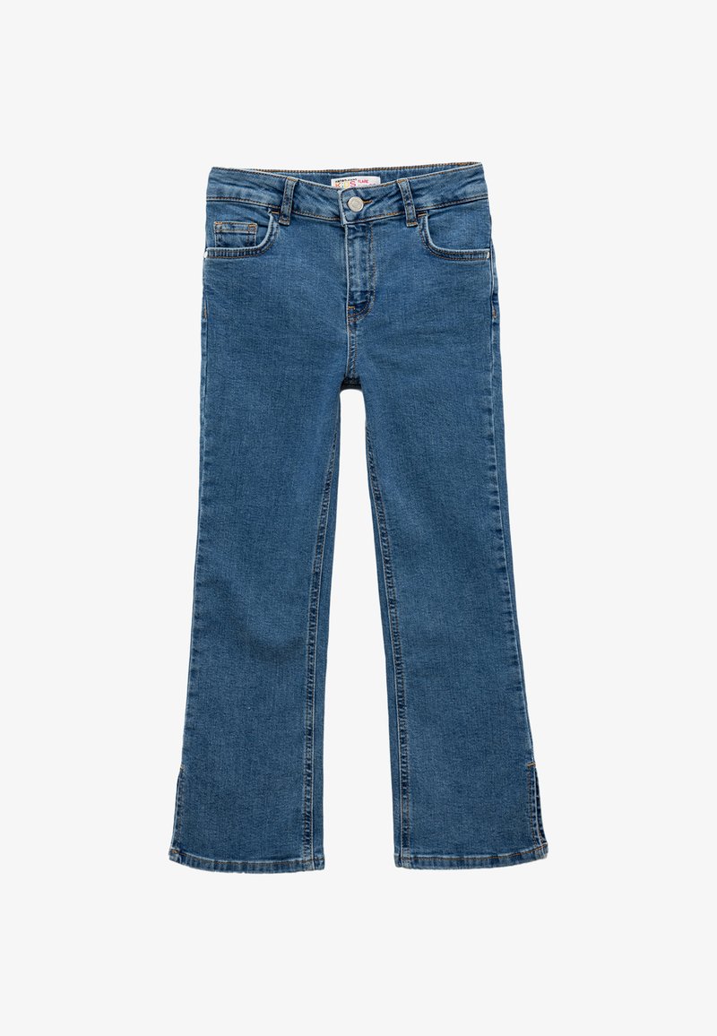 Siniset denim-farkut, joissa on suora lahje, napilla ja vetoketjulla suljettavat, viisi taskua ja hienovaraisetompelut yksityiskohdat.