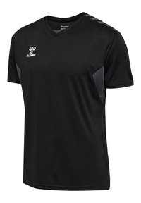 Camiseta deportiva negra de manga corta con cuello en V; presenta paneles laterales y acentos en los hombros de color gris; fabricada con un tejido suave y ligero.