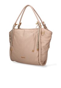 Sac fourre-tout en cuir beige avec une texture douce, deux poignées, des accents en métal et des détails tressés décoratifs sur les côtés.