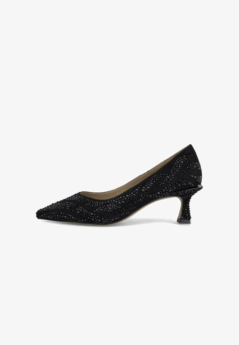 Pantof de damă cu vârf ascuțit, de culoare neagră, din țesătură texturată, decorat cu modele din mărgele. Dispune de un toc decorativ joasă și de un interior neted.