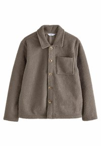 Braune Fleecejacke mit Kragen, einer Brusttasche und Holzknöpfen, ausgeführt in einem strukturierten, weichen Stofffinish.