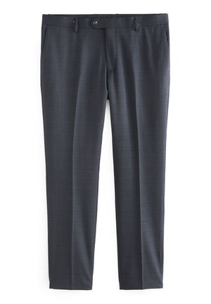 Pantaloni cu model gri, confecționați dintr-un material durabil. Au un front plat, buzunare laterale și un fermoar cu închidere cu buton. Croi ajustat.