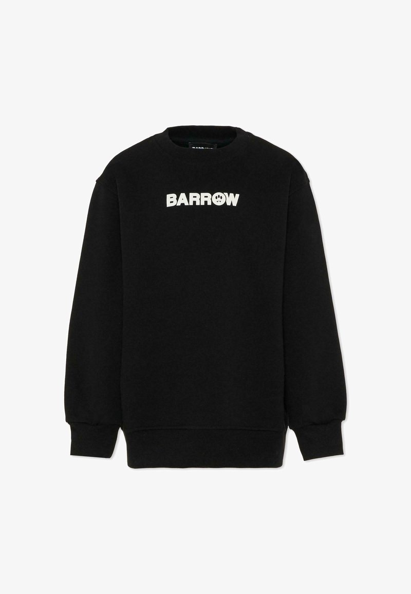 Czarna bluza wykonana z miękkiego materiału, z okrągłym dekoltem i ściągaczami na rękawach. Z przodu znajduje się biały napis "BARROW" oraz ikona uśmiechu.
