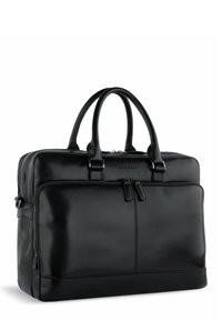 Black leather briefcase with dual handles, zip closures, and a front pocket. Smooth texture with subtle gloss, rectangular shape.