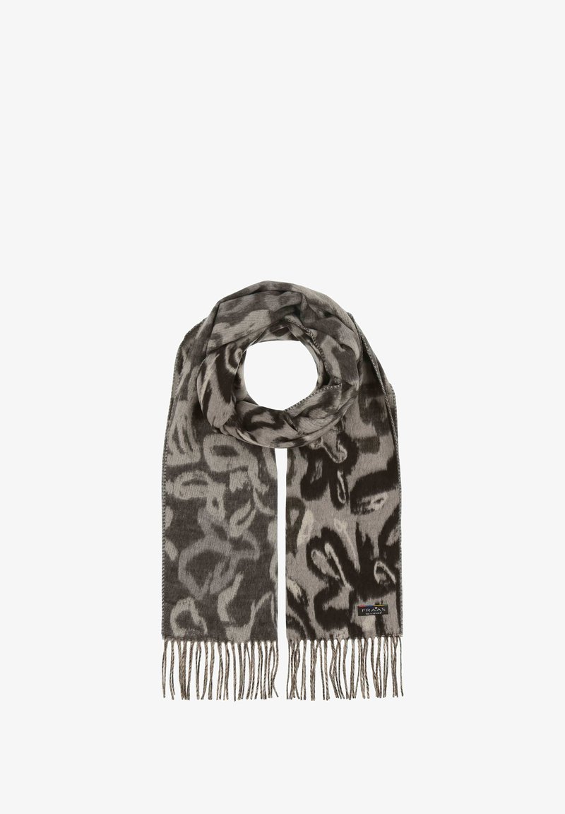 Hall ja must mustriga sall, millel on sarvikuud, valmistatud pehmest kangast ja millel on kogu ulatuses abstraktne disain. Sildi on nähtav sallide lõpus.