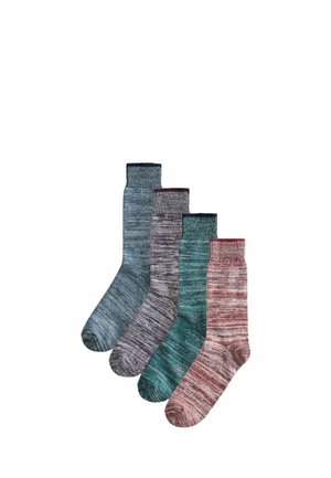 Four pairs of marled knit socks in blue, purple, green, and pink, arranged side by side on a white background.