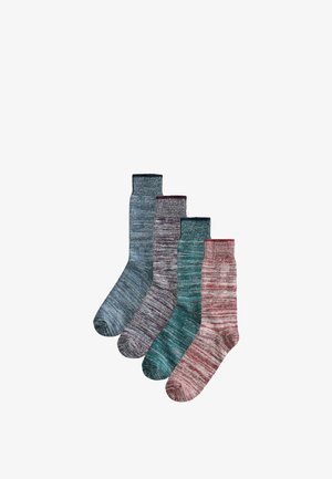 Four pairs of marled knit socks in blue, purple, green, and pink, arranged side by side on a white background.