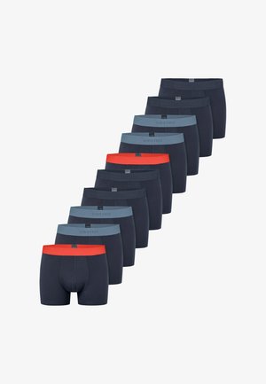 Set van tien heren boxer briefs. Donkerblauwe stof, zachte textuur, elastische taillebanden in verschillende tinten blauw en één in het rood. Merlogo zichtbaar op de taillebanden.