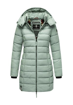 Giacca imbottita verde chiaro con cappuccio, trapuntatura verticale, chiusura a zip e polsini neri. Etichetta esposta all'interno del collo.