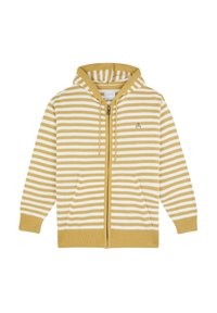 Hoodie zippé à rayures jaunes et blanches, avec poches avant, poignets côtelés et capuche. Présente un petit logo brodé sur la poitrine.