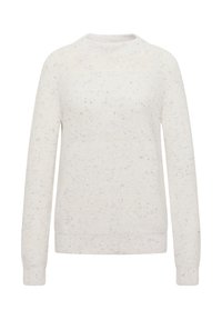 Maglione bianco lavorato a maglia con maniche lunghe e un delicato motivo a puntini blu, polsini a coste, orlo e scollatura a girocollo.