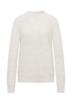Vit stickad tröja med långa ärmar och subtilt blåspräckligt mönster, ribbade muddar, nederkant och rund halsringning.